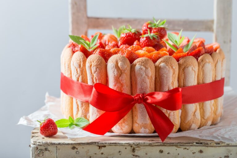 Homemade and delicious cake with jelly and strawberries.